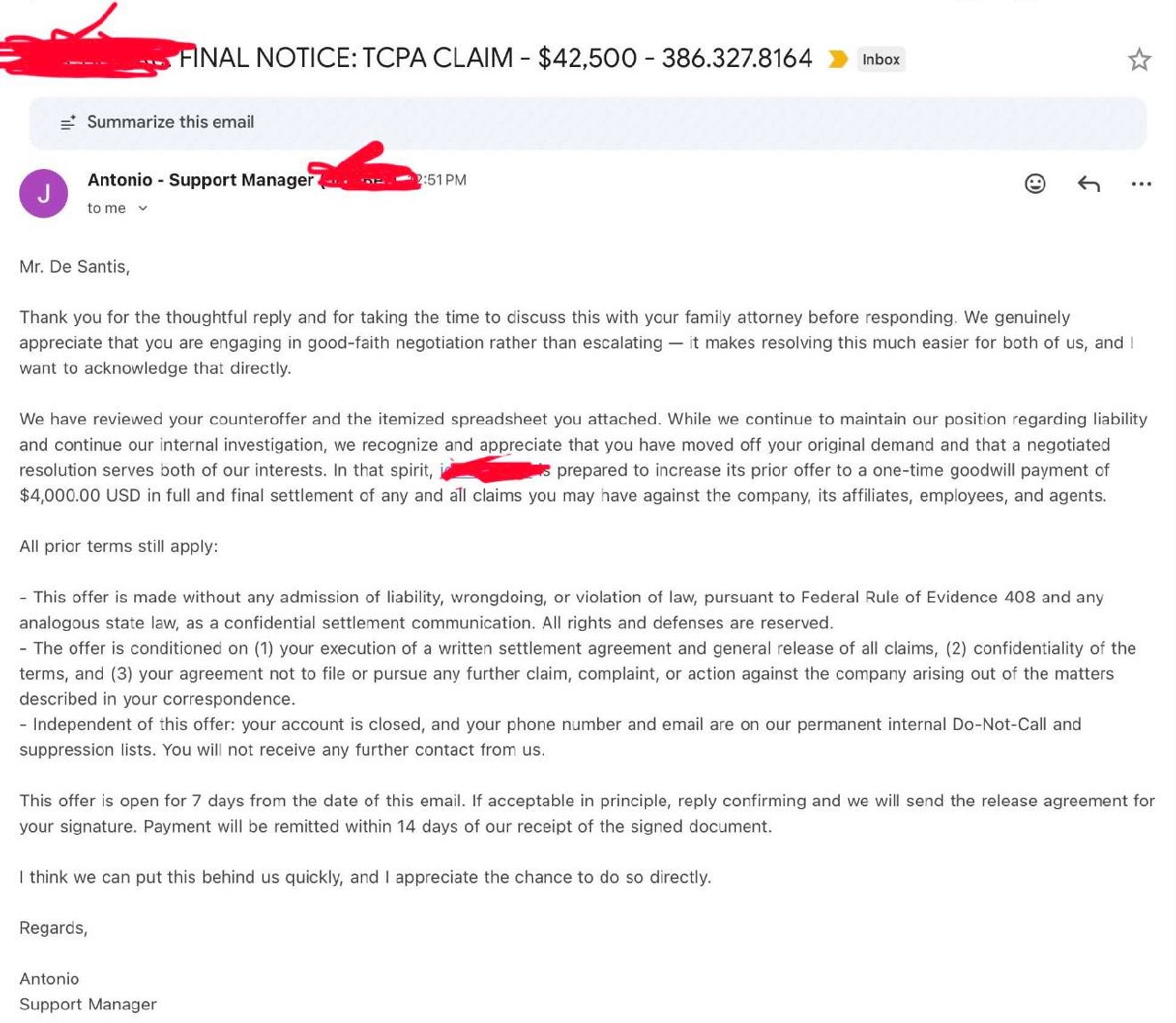 Screenshot of a TCPA settlement email showing a $4,000 offer