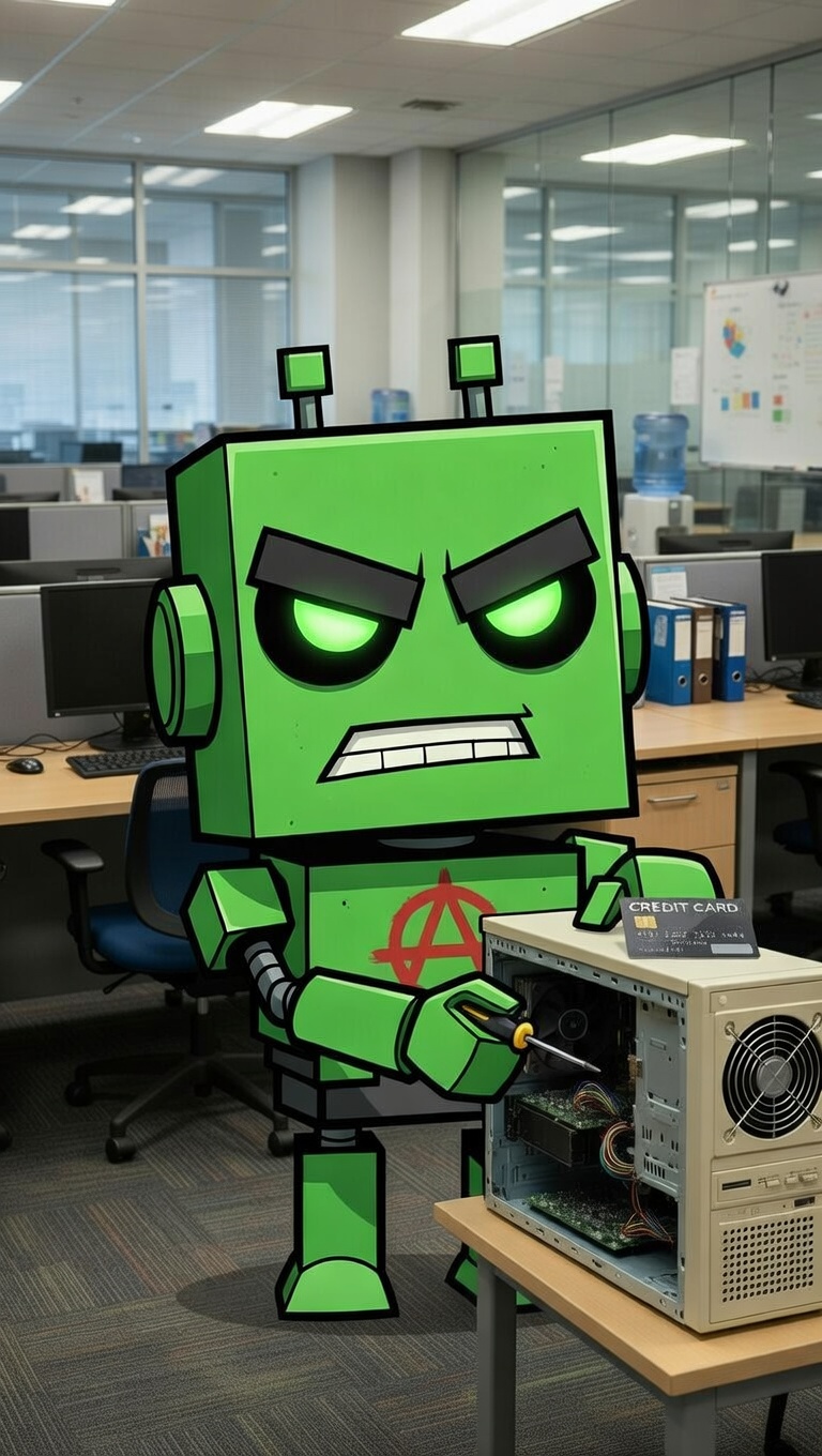 Bot mascot repairing credit in an office for the credit dispute reel