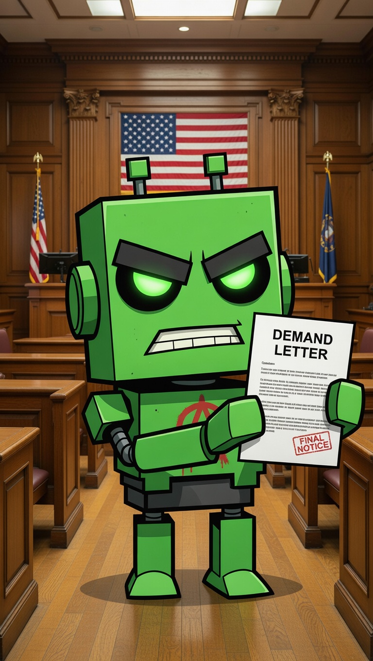 Bot mascot holding a demand letter in a courtroom