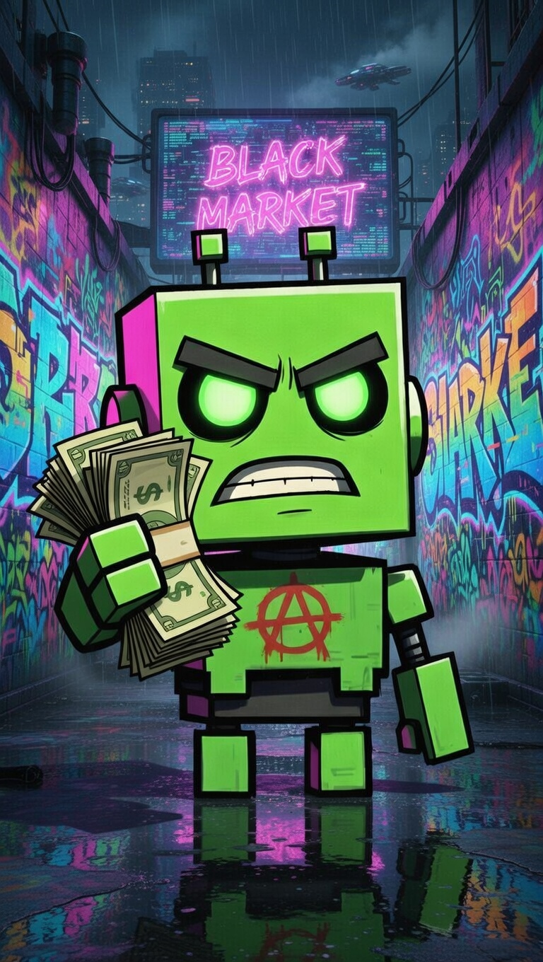 Bot mascot holding cash in a neon alley for the domain sniper reel